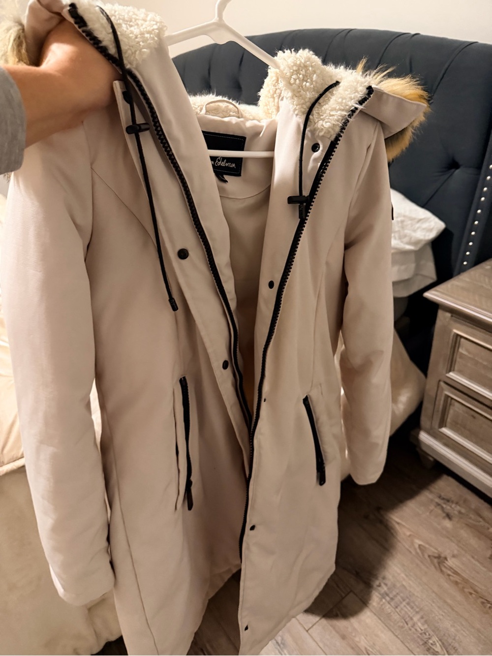 Sam Edelman Cream Hooded Puffer Coat with Faux Fur Trim